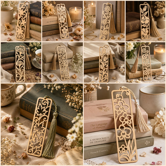 Floral Flower Wooden Bookmark Bundle Laser Cut Vector Design for Glowforge 3D Wood