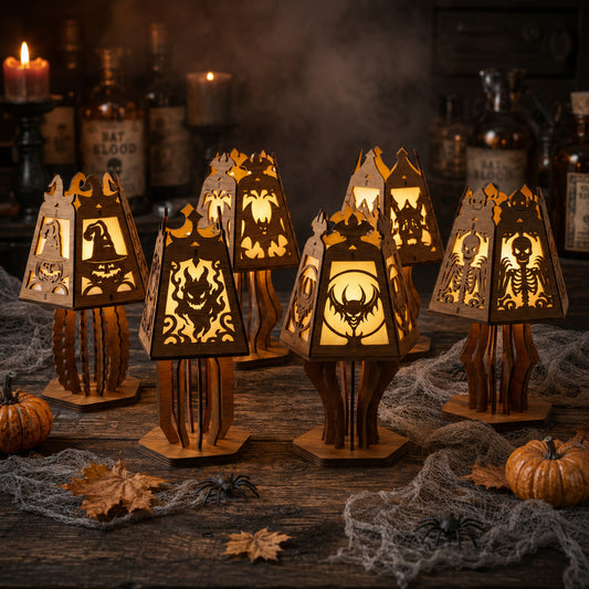 3D Halloween Lantern Tea Light Holder Spooky Demon Skull Skeleton Vampire Bundle Laser Cut Vector Design for Glowforge Table Decor