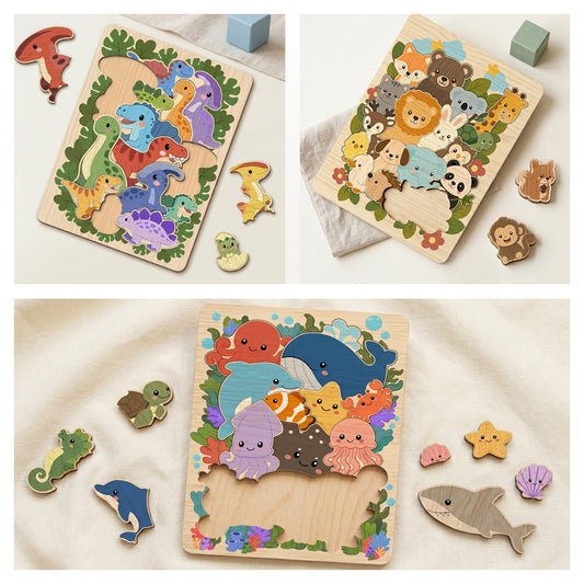 3D Wooden Animals Dinosaurs Ocean Kids Puzzle Bundle Laser Cut Vector Design for Glowforge Table Decor