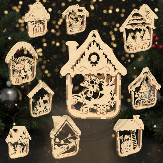 Christmas House Ornament SVG Bundle | 9 Layered Christmas Ornament Designs | Laser Cut Holiday Decoration Files for Glowforge, xTool & LightBurn