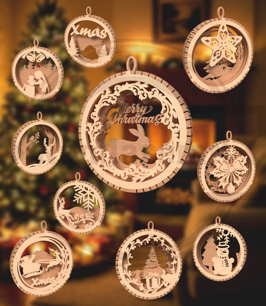 Christmas Ornament SVG Bundle | Layered Christmas Bauble Laser Cut Files | Merry Christmas, Reindeer, Snowflake & Nativity Ornament Set for Glowforge, xTool & LightBurn