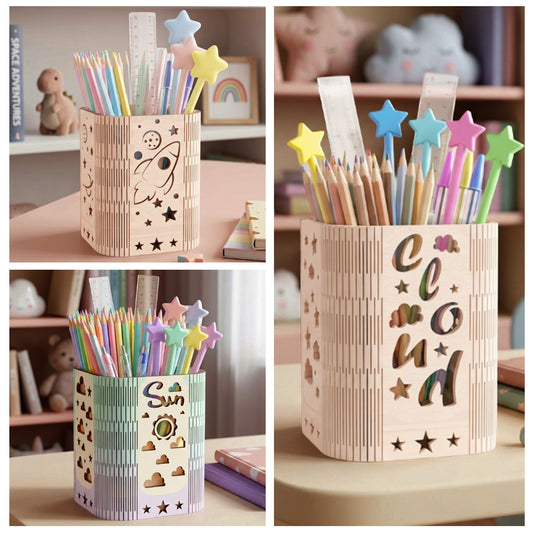 Kids Pencil Holder SVG | Space Theme Desk Organizer Laser Cut File | Personalized Name Pen Holder SVG | Classroom Supply Organizer | Glowforge xTool CNC SVG