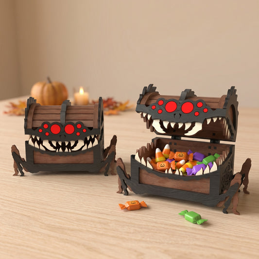 3D Halloween Monster Mimic Dice Chest Box Laser Cut Wooden Candy Holder Design for Glowforge Table Decor