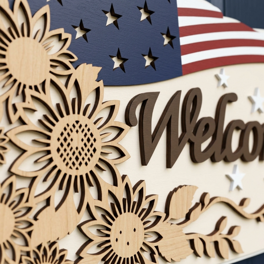 Patriotic Welcome Sign SVG | Layered Sunflower American Flag Door Hanger | Laser Cut Wood File for Glowforge | Farmhouse USA Porch Decor