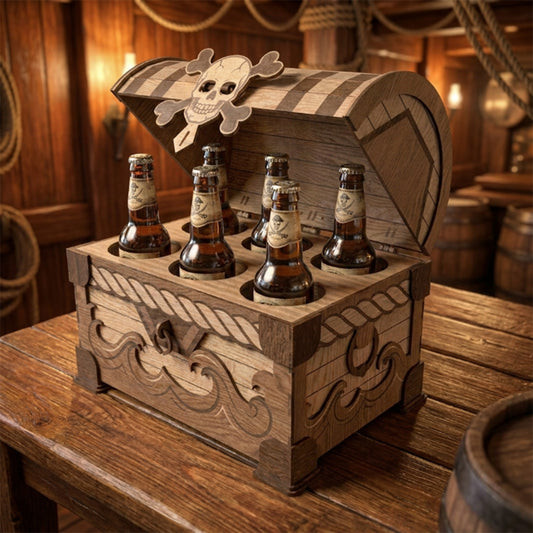 SVG DXF File Pirate Treasure Chest Beer Caddy Laser Cut 3D Wood Bottle Holder Design for Glowforge Wall Art Home Decor | CUTSVG.COM