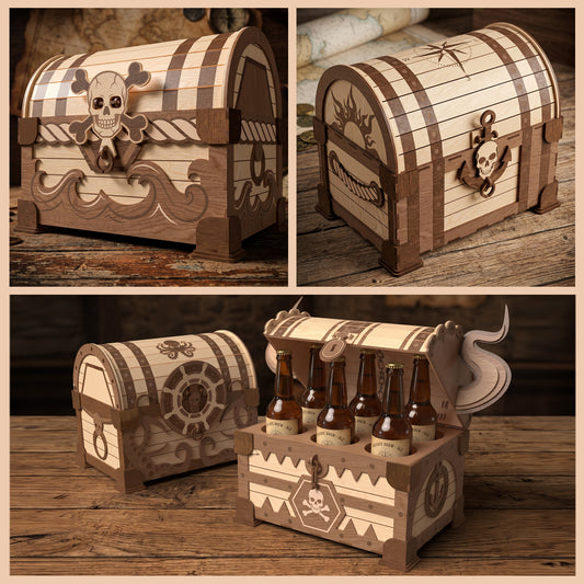 Pirate Treasure Chest Beer Caddy Bundle Laser Cut 3D Wood Bottle Holder Design for Glowforge Table Decor